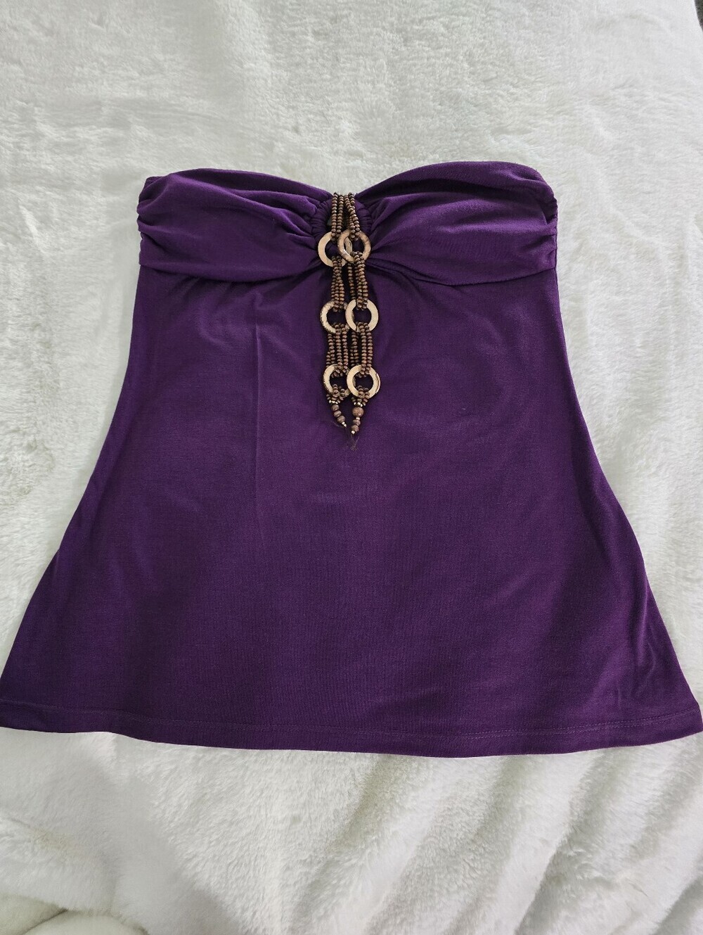 "L8TER" Ruched Sweetheart Neckline, Wood Embellished, Sleeveless Top In Purple